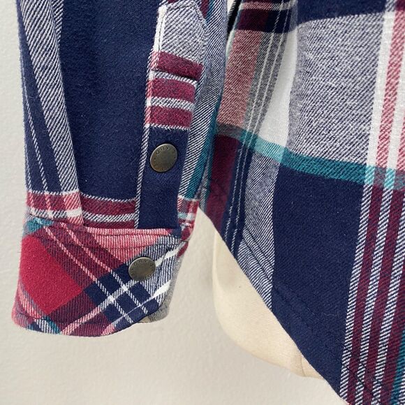 Orvis Womans Plaid Cotton Shacket Medium Blue Red Snap Front Pockets Chore Work - Picture 9 of 12